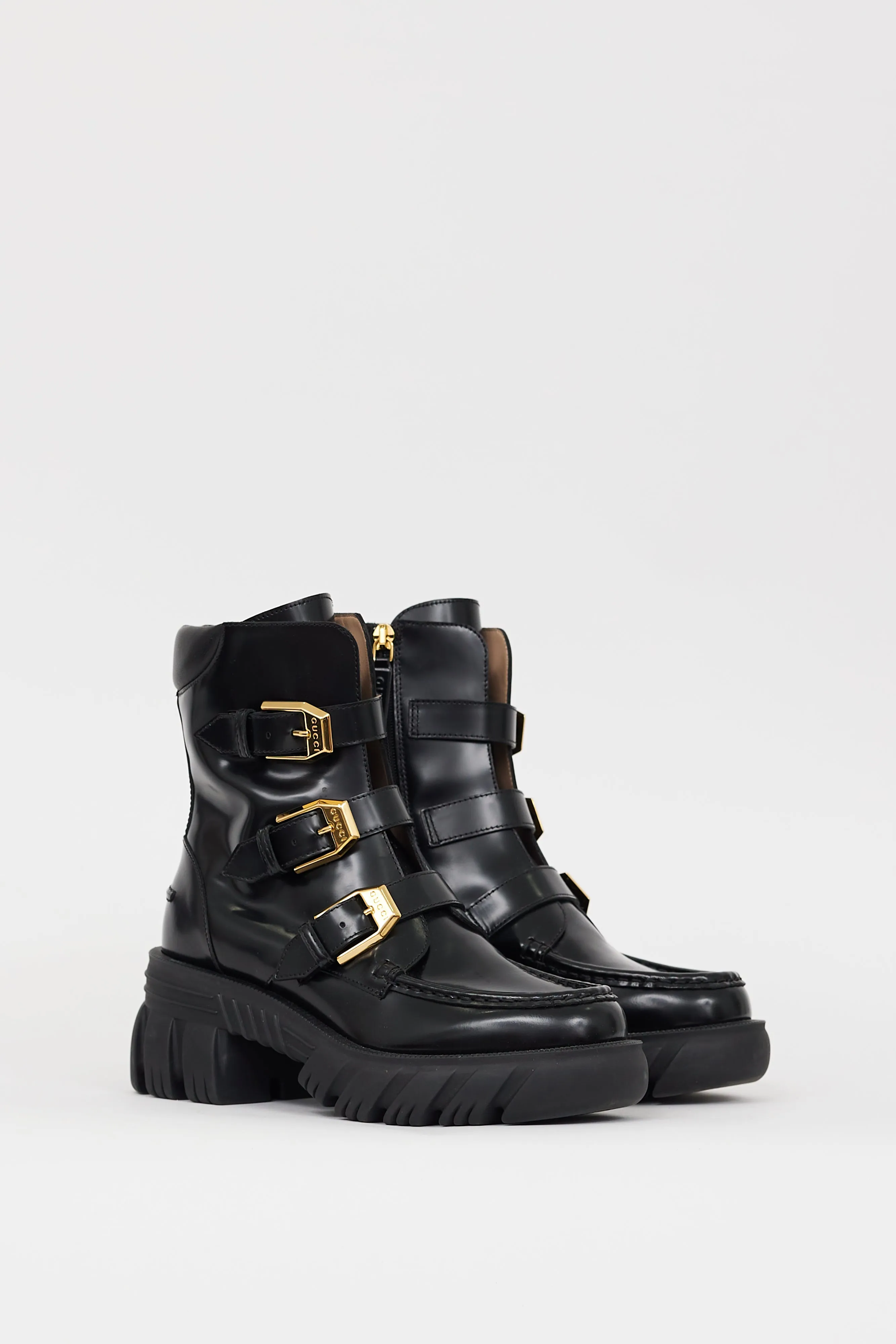 Black Patent Leather Buckled Combat Boot