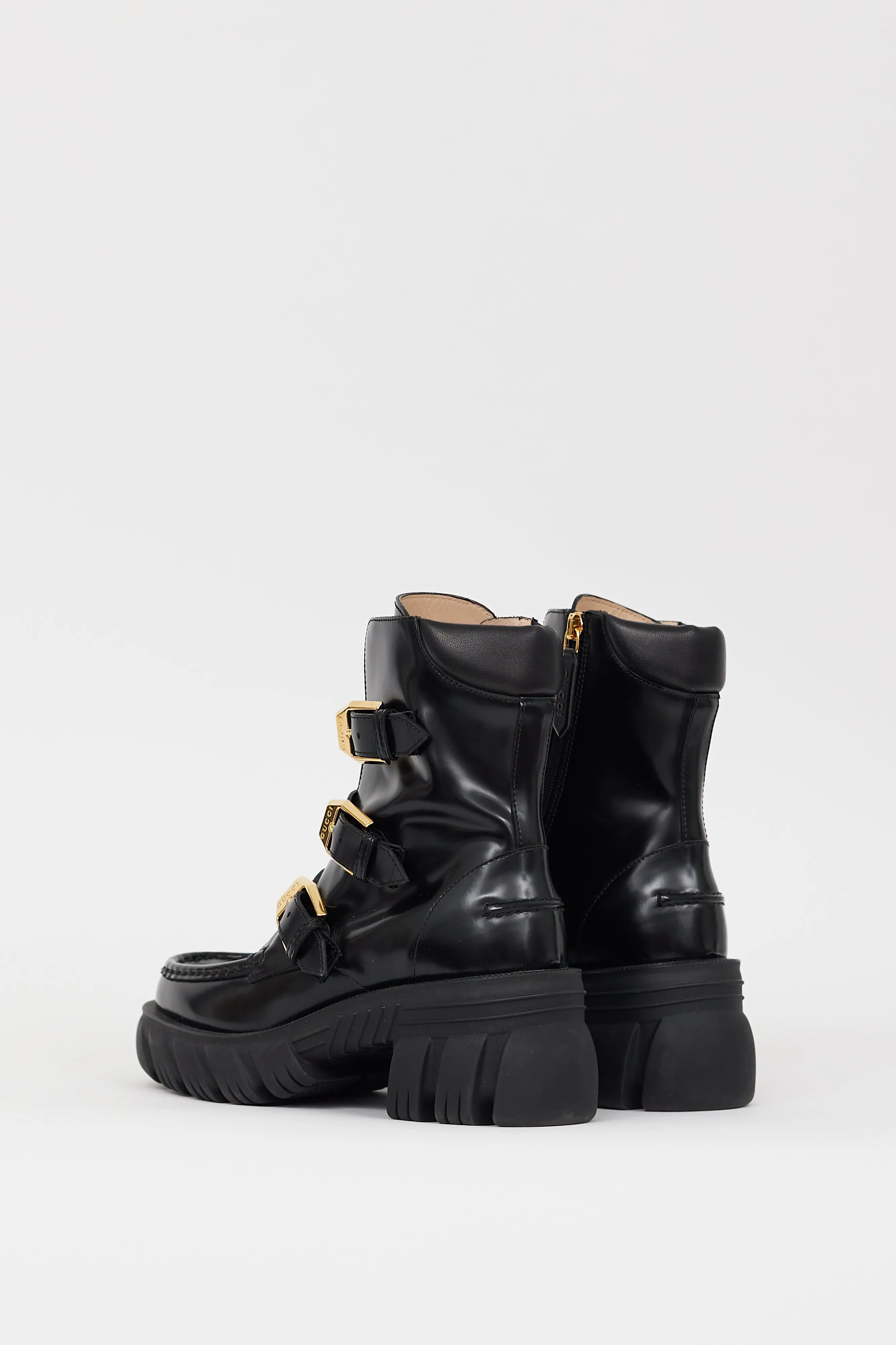 Black Patent Leather Buckled Combat Boot