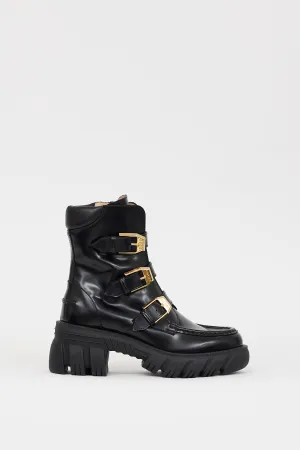 Black Patent Leather Buckled Combat Boot