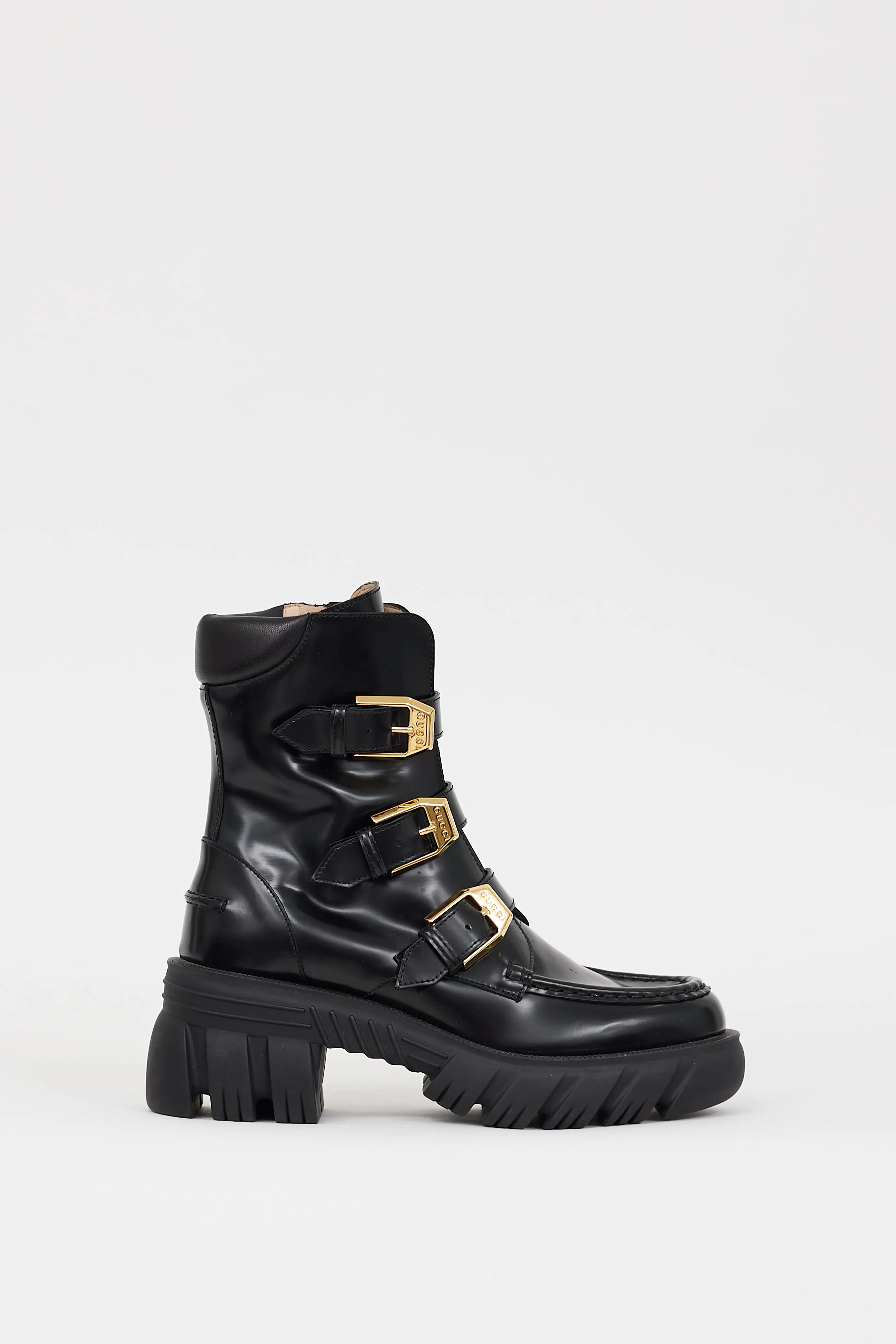 Black Patent Leather Buckled Combat Boot