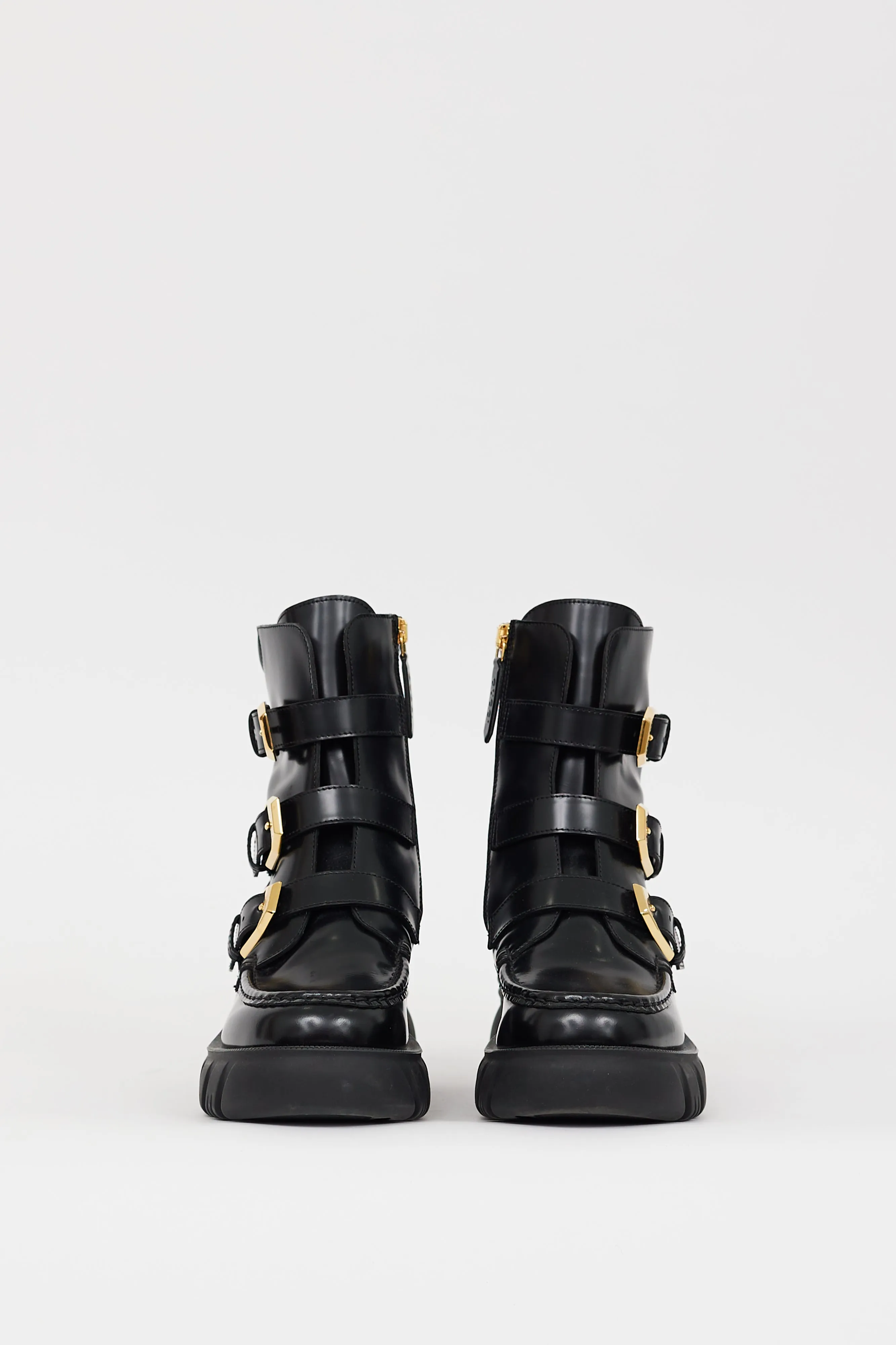 Black Patent Leather Buckled Combat Boot