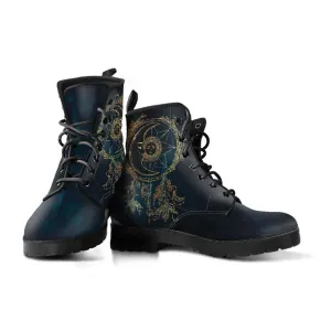 Deep Blue Moon Dreamcatcher  Memory Foam Boots | All Season Lace Up Boots | Vegan Leather Combat Boot by Manifestie