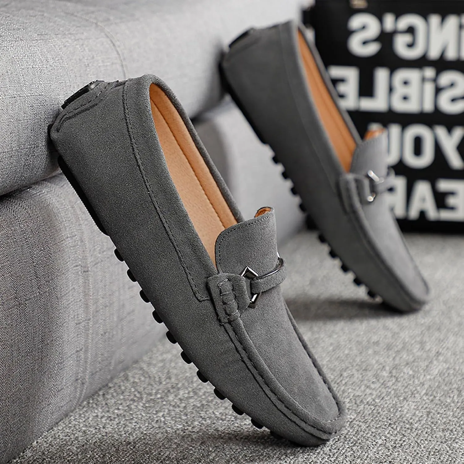 FLIOZY Men's Suede Slip-On Loafers with Metal Buckle | Round Toe Casual Shoes | Microfiber Lining & Comfort Driving Design