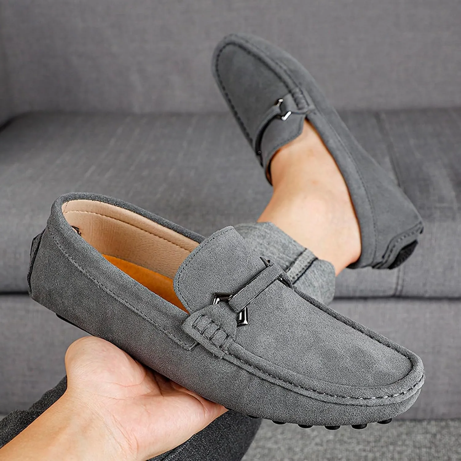 FLIOZY Men's Suede Slip-On Loafers with Metal Buckle | Round Toe Casual Shoes | Microfiber Lining & Comfort Driving Design