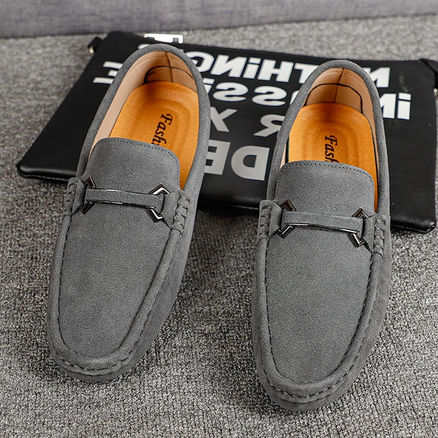 FLIOZY Men's Suede Slip-On Loafers with Metal Buckle | Round Toe Casual Shoes | Microfiber Lining & Comfort Driving Design