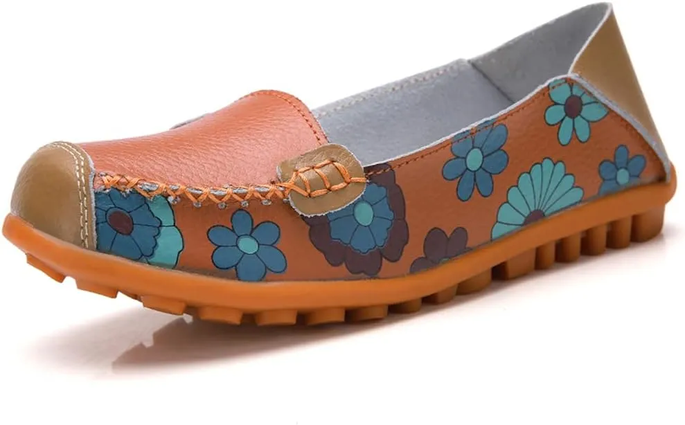 FolHaoth Leather Casual Loafers for Womens Floral Print Non Slip Leather Flat Shoes Comfortable Womens Slip on Walking Driving Shoes