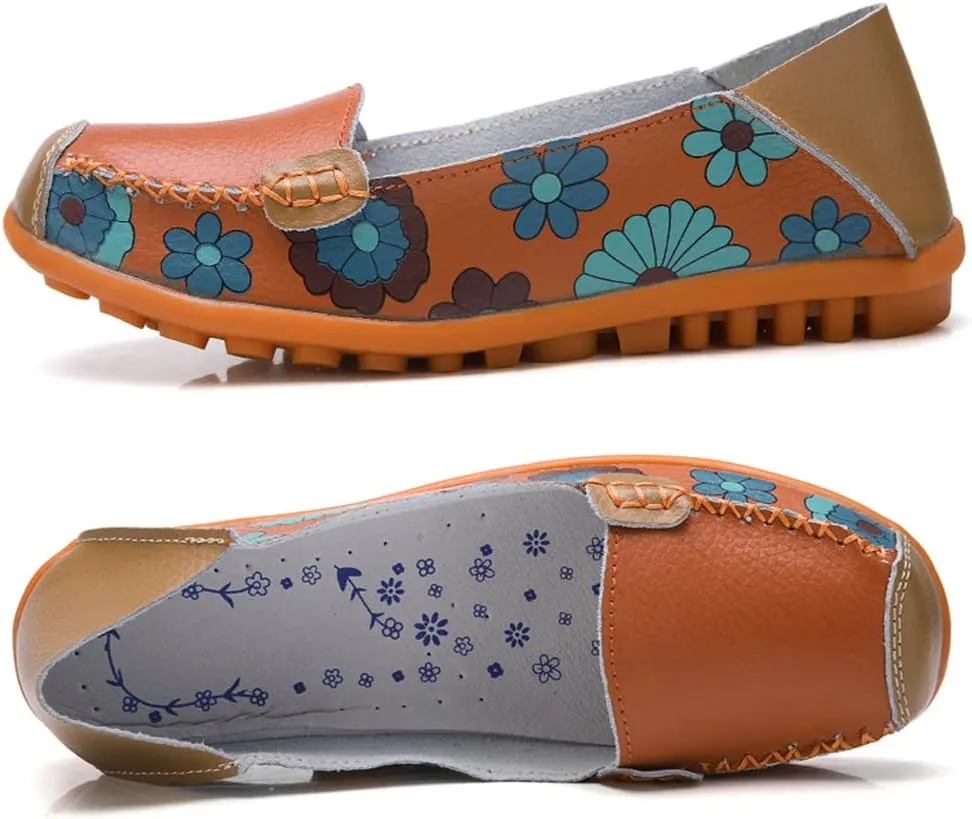 FolHaoth Leather Casual Loafers for Womens Floral Print Non Slip Leather Flat Shoes Comfortable Womens Slip on Walking Driving Shoes