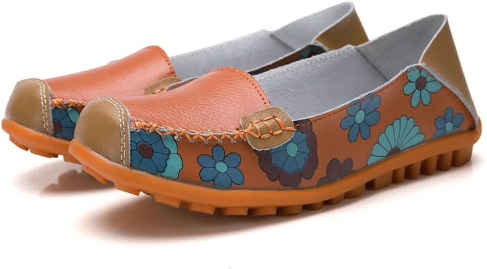 FolHaoth Leather Casual Loafers for Womens Floral Print Non Slip Leather Flat Shoes Comfortable Womens Slip on Walking Driving Shoes