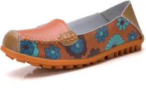 FolHaoth Leather Casual Loafers for Womens Floral Print Non Slip Leather Flat Shoes Comfortable Womens Slip on Walking Driving Shoes