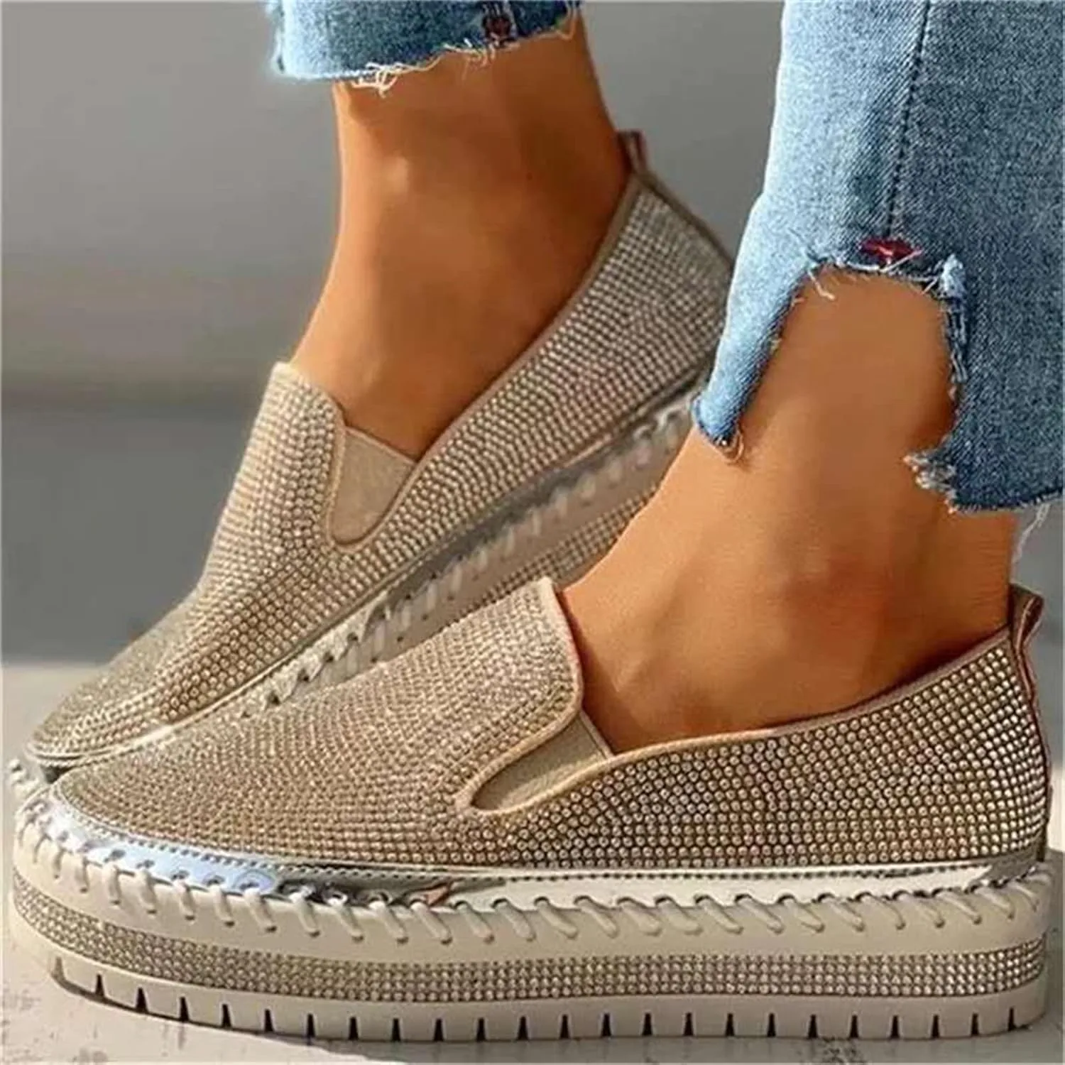 Lausiuoe Glitter Sneakers For Women Wide Width Slip on Sparkly Rhinestone Shoes Fashion Comfort Walking Flat Loafers