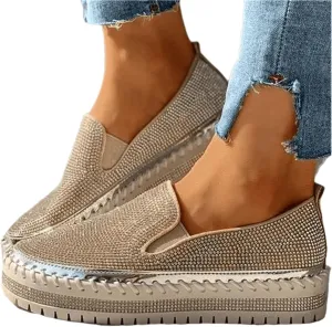 Lausiuoe Glitter Sneakers For Women Wide Width Slip on Sparkly Rhinestone Shoes Fashion Comfort Walking Flat Loafers