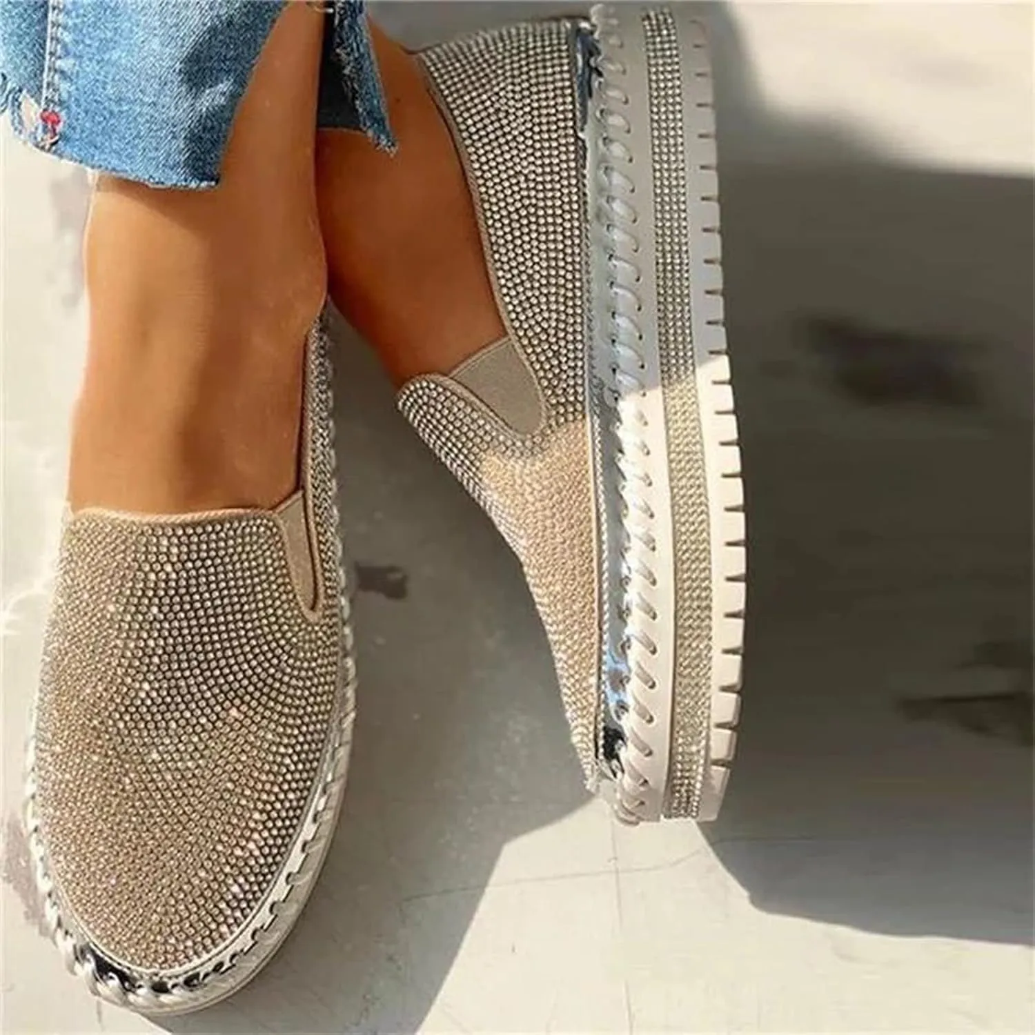 Lausiuoe Glitter Sneakers For Women Wide Width Slip on Sparkly Rhinestone Shoes Fashion Comfort Walking Flat Loafers