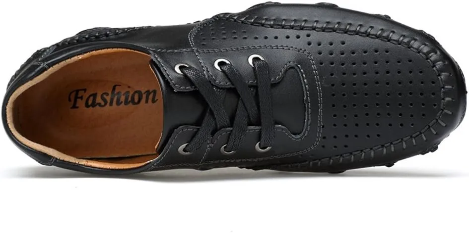 Men's Non-Slip Breathable Outdoor Loafers Hollow Out Leather Driving Walking Shoes Lace Up Casual Boat Shoes