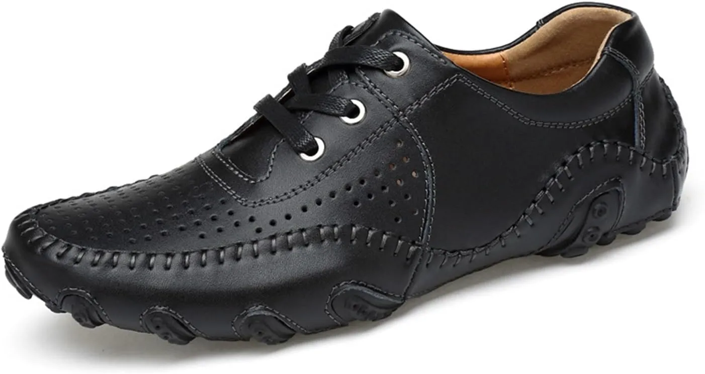 Men's Non-Slip Breathable Outdoor Loafers Hollow Out Leather Driving Walking Shoes Lace Up Casual Boat Shoes