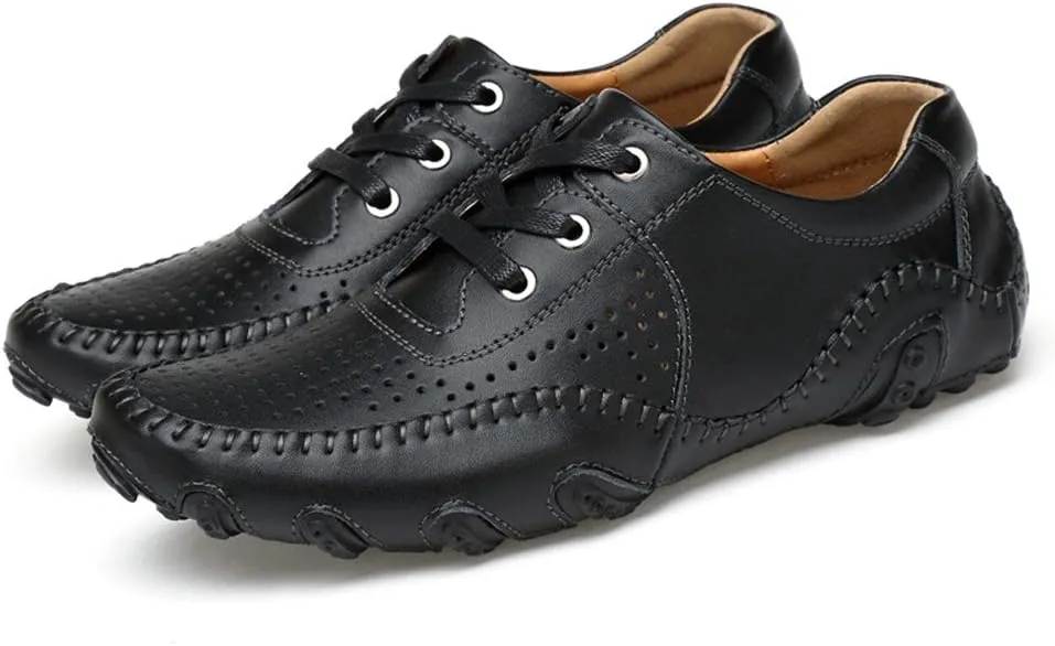 Men's Non-Slip Breathable Outdoor Loafers Hollow Out Leather Driving Walking Shoes Lace Up Casual Boat Shoes
