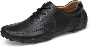 Men's Non-Slip Breathable Outdoor Loafers Hollow Out Leather Driving Walking Shoes Lace Up Casual Boat Shoes