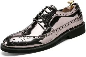 Men's Patent Leather Brogue Low Heel Loafers Oxfords Formal Business Leather Wingtip Slip On PU Leather Low Rubber Oxford Shoes Men