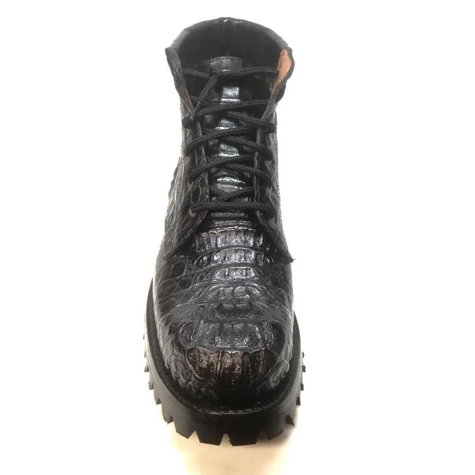 Safari Black All-Over Crocodile Horn-back Combat Boots