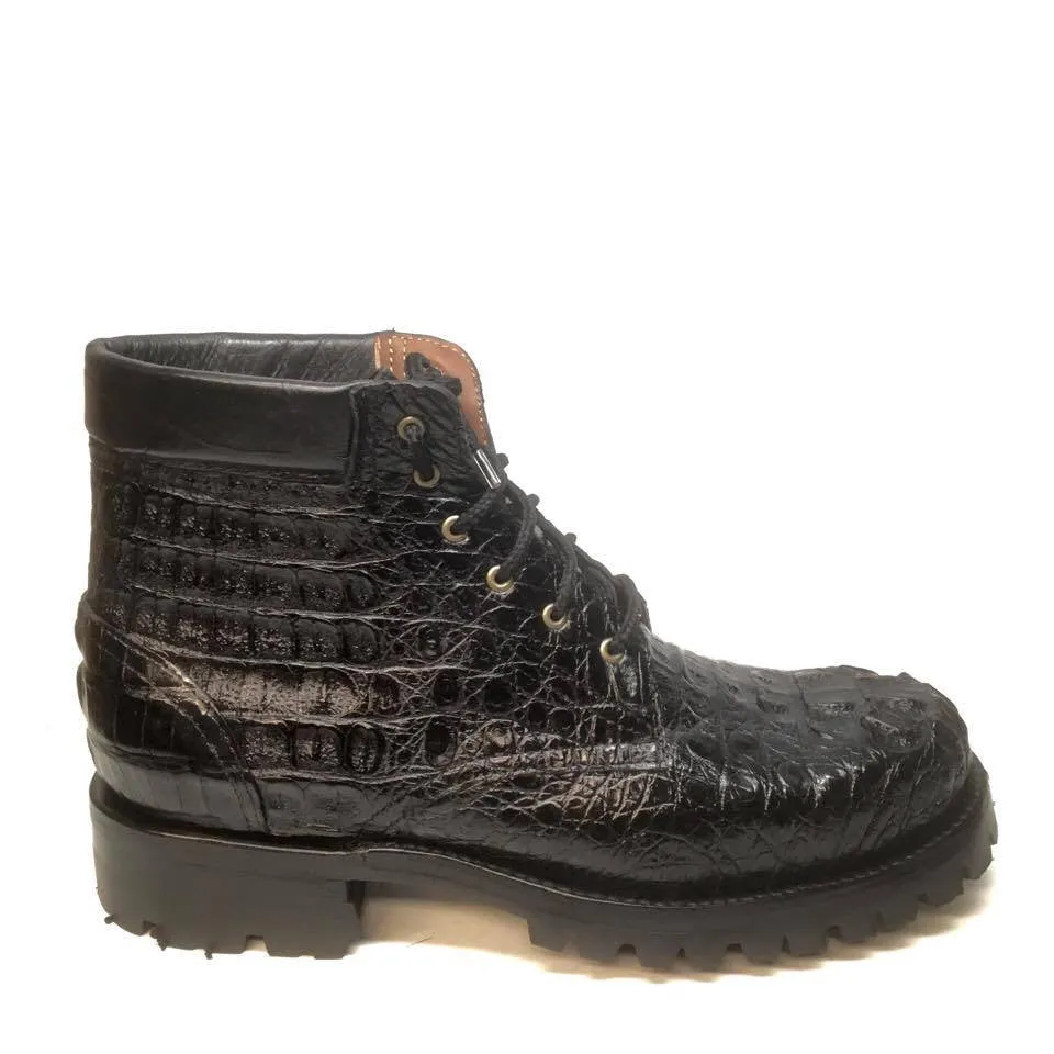 Safari Black All-Over Crocodile Horn-back Combat Boots