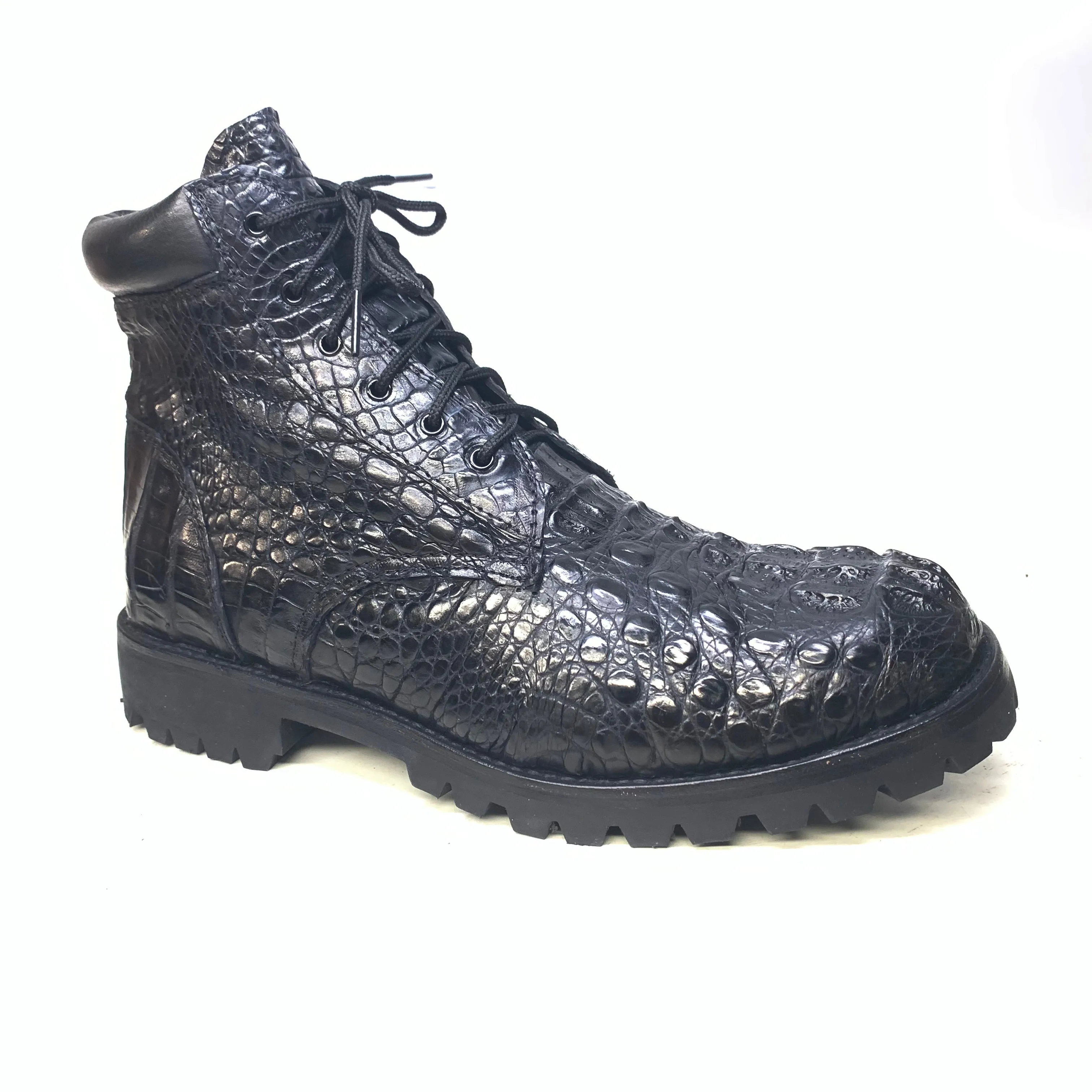 Safari Black All-Over Crocodile Horn-back Combat Boots