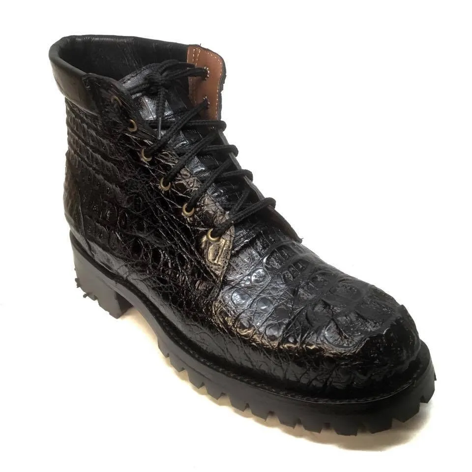 Safari Black All-Over Crocodile Horn-back Combat Boots