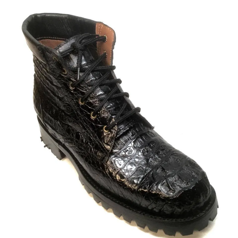Safari Black All-Over Crocodile Horn-back Combat Boots